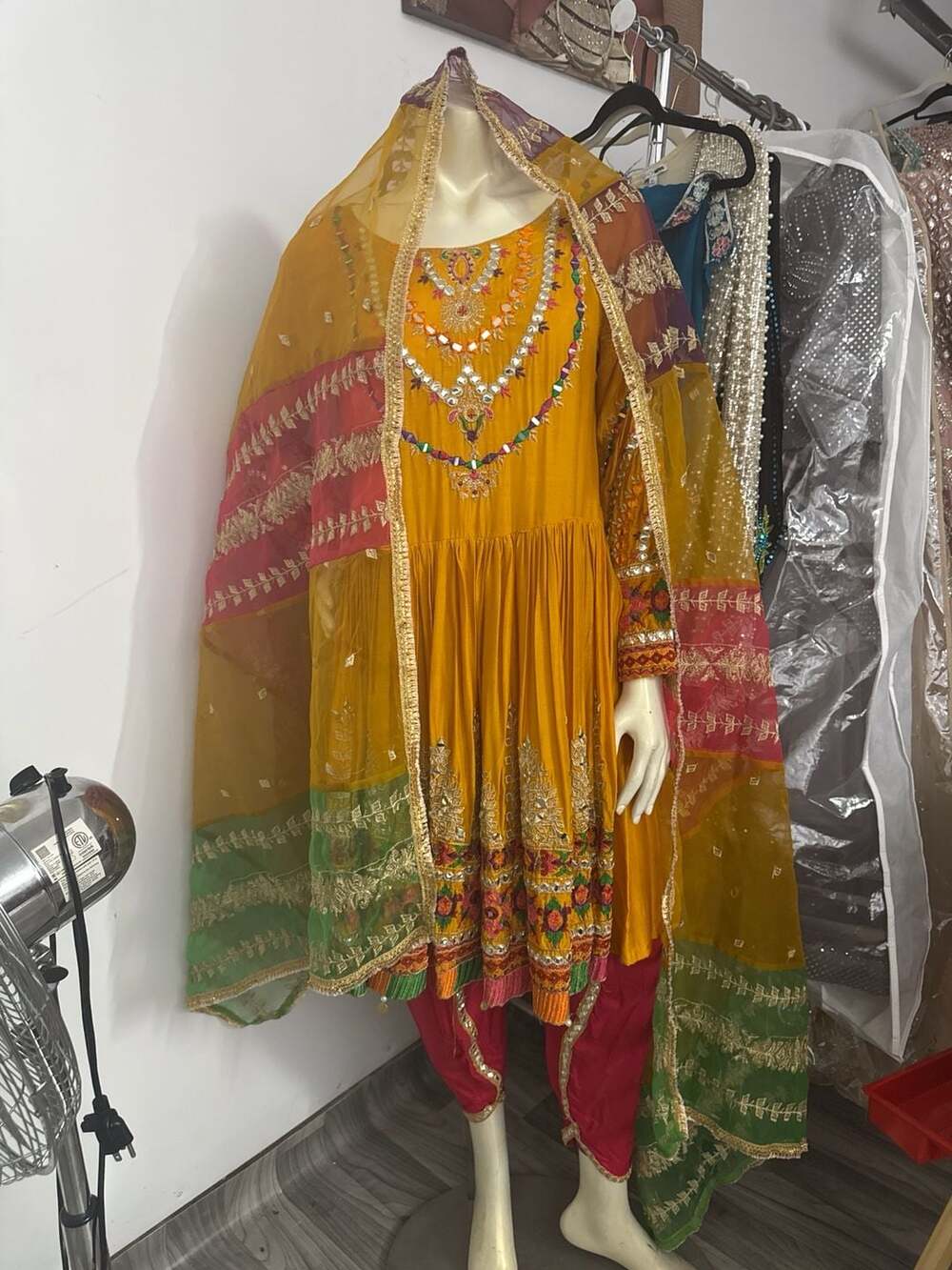 Haseens Embroidered Mustard Yellow Short Anarkali Kurta with Dhoti Pants and Mul